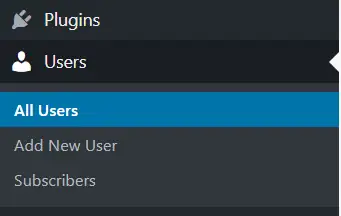 WordPress admin menu with Users open: All Users, Add New User, Subscribers